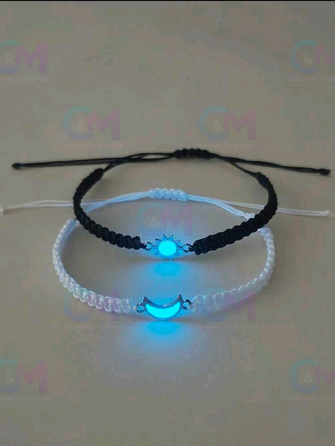 SET DE 2 PULSERAS DE CUERDA TRENZADA CON FORMA DE LUNA Y SOL DE ACERO INOXIDABLE